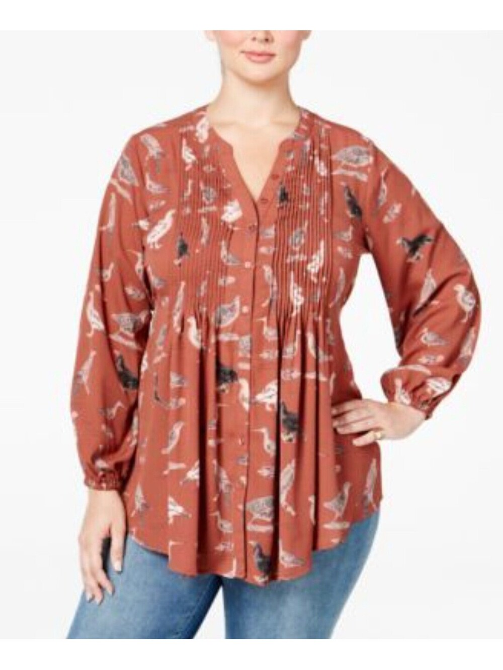 Melissa McCarthy Seven7 Bird Print Flutter Sleeve Pintuck Blouse Rust Plus 2X